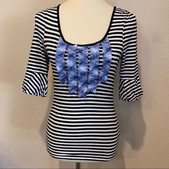 Anthropologie Little Yellow Button Striped Mixed Media Top S Plaid Puff Sleeve - Picture 1 of 8
